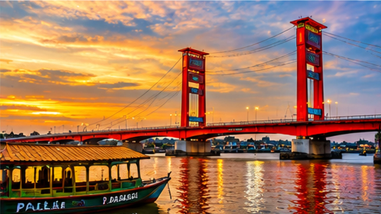 Pemandangan kawasan Sungai Musi dan Jembatan Ampera di Palembang